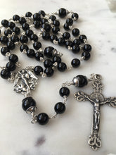 Load image into Gallery viewer, Saint Michael Men's Rosary - 8mm Onyx Gemstones - All Sterling Silver - Replicas of Antique French Medals - Sterling Silver Wire CeCeAgnes