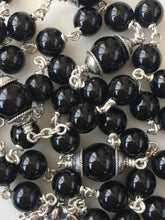 Load image into Gallery viewer, Saint Michael Men's Rosary - 8mm Onyx Gemstones - All Sterling Silver - Replicas of Antique French Medals - Sterling Silver Wire CeCeAgnes
