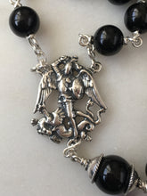 Load image into Gallery viewer, Saint Michael Men's Rosary - 8mm Onyx Gemstones - All Sterling Silver - Replicas of Antique French Medals - Sterling Silver Wire CeCeAgnes