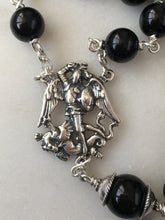 Load image into Gallery viewer, Saint Michael Rosary 8mm Onyx, Sterling Silver, Antique French Medals