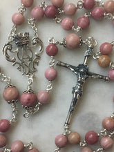 Load image into Gallery viewer, Rhodonite Gemstone Spanish Style Rosary - Sterling Silver Medals - Reproductions of Antique Spanish Medals CeCeAgnes