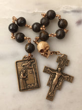 Load image into Gallery viewer, Memento Mori Rosary: Bronzite, Ox Bone Skull, Bronze Saint Francis Medal