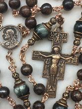 Load image into Gallery viewer, Bronze Franciscan Rosary - Saint Francis - Bronzite - Brown and Green Gemstones - San Damiano Crucifix CeCeAgnes