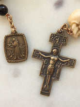 Load image into Gallery viewer, Memento Mori Rosary: Tiger Eye, Ox Bone Skull, Bronze St. Francis Medal