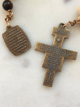 Load image into Gallery viewer, Memento Mori Rosary: Tiger Eye, Ox Bone Skull, Bronze St. Francis Medal
