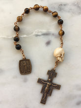 Load image into Gallery viewer, Memento Mori Rosary: Tiger Eye, Ox Bone Skull, Bronze St. Francis Medal