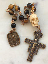 Load image into Gallery viewer, Memento Mori Rosary: Tiger Eye, Ox Bone Skull, Bronze St. Francis Medal