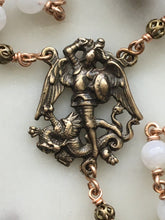 Load image into Gallery viewer, Saint Michael Chaplet - Wire wrapped - Moonstone and Kyanite Gemstones - Bronze - St. Michael and Angels Crucifix CeCeAgnes