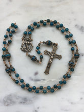 Load image into Gallery viewer, Saint Michael Apatite Rosary - Bronze - Natural Gemstones - Reproduction of Antique Medals CeCeAgnes