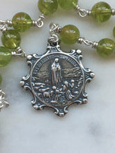 Load image into Gallery viewer, Our Lady of Fatima Pocket Rosary - Peridot and Silver - Spanish Crucifix - Single Decade Tenner - Sterling Silver CeCeAgnes