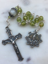 Load image into Gallery viewer, Our Lady of Fatima Pocket Rosary - Peridot and Silver - Spanish Crucifix - Single Decade Tenner - Sterling Silver CeCeAgnes