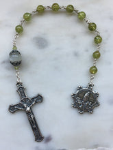 Load image into Gallery viewer, Our Lady of Fatima Pocket Rosary - Peridot and Silver - Spanish Crucifix - Single Decade Tenner - Sterling Silver CeCeAgnes