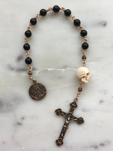 Load image into Gallery viewer, Memento Mori Pocket Rosary - Black Onyx and Ox Bone Skull - Bronze - Tenner - Saint Michael - Single Decade Rosary CeCeAgnes