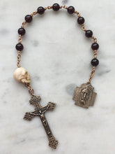 Load image into Gallery viewer, Memento Mori Rosary - Holy Face of Jesus - Garnet and Ox Bone Skull - Bronze - Wire-wrapped Tenner - Pardon Crucifix CeCeAgnes