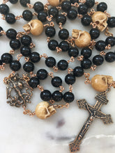 Load image into Gallery viewer, Memento Mori Rosary - Saint Michael- Onyx and Ox Bone Skulls - Bronze - Wire-wrapped - Pardon Crucifix