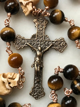 Load image into Gallery viewer, Memento Mori Rosary Tiger Eye, Ox Bone Skulls, Bronze Holy Face