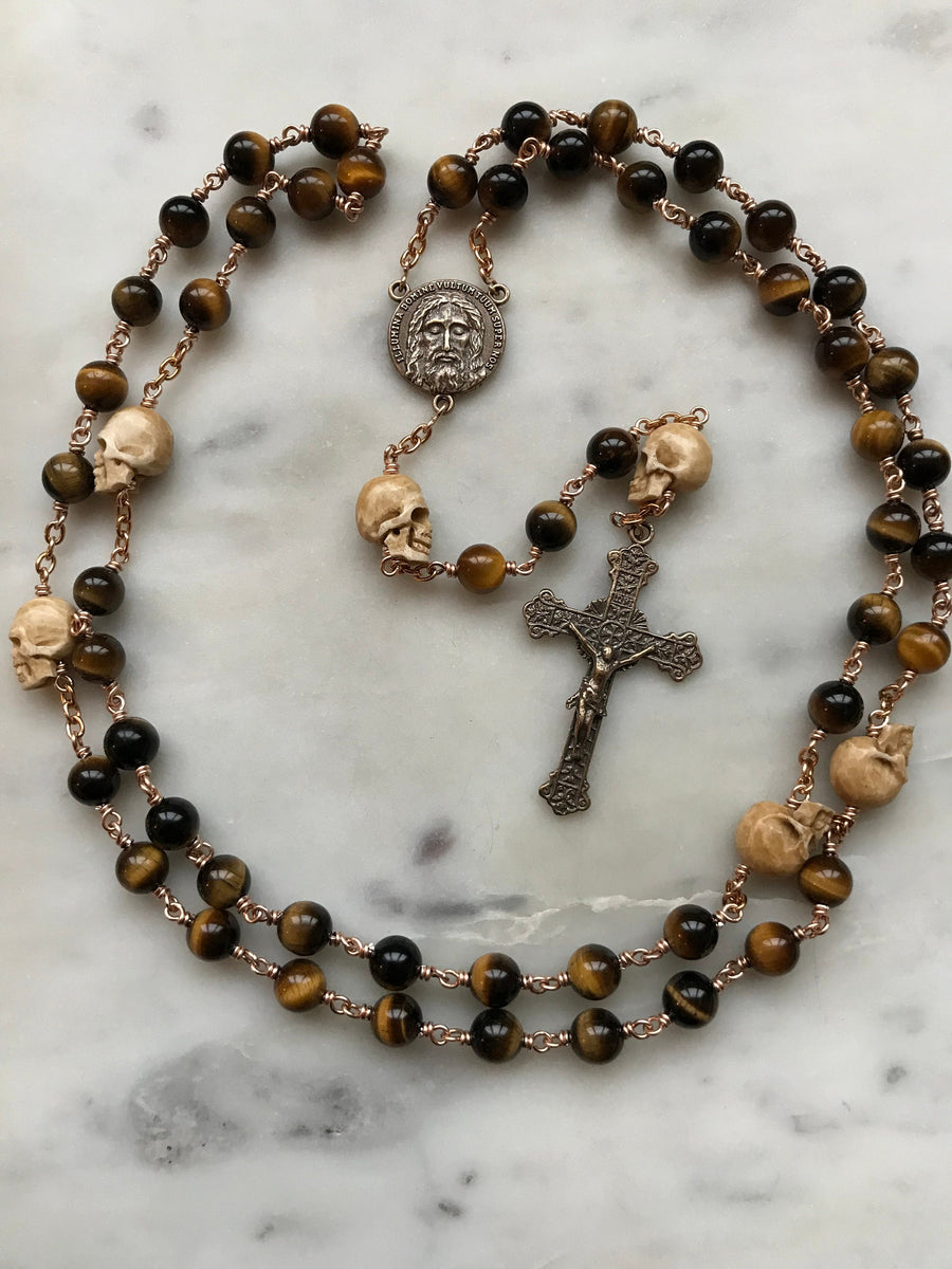 Memento Mori Irish Rosary - Sandalwood and Ox Bone Skull outlets - Bronze - Wire-wrapped Tenner - Saint Patrick - Celtic Cross CeCeAgnes