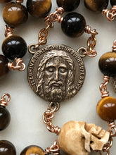 Load image into Gallery viewer, Memento Mori Rosary Tiger Eye, Ox Bone Skulls, Bronze Holy Face