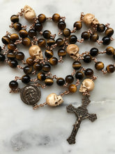 Load image into Gallery viewer, Memento Mori Rosary Tiger Eye, Ox Bone Skulls, Bronze Holy Face