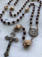 Load image into Gallery viewer, Memento Mori Rosary Garnet, Ox Bone Skulls Bronze Pardon Crucifix