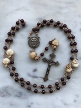 Load image into Gallery viewer, Memento Mori Rosary Garnet, Ox Bone Skulls Bronze Pardon Crucifix