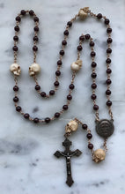 Load image into Gallery viewer, Memento Mori Rosary Garnet, Ox Bone Skulls Bronze Pardon Crucifix