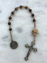 Load image into Gallery viewer, Memento Mori Pocket Rosary -  Tiger eye and Ox Bone Skull - Bronze - Tenner - Saint Michael - Single Decade Rosary CeCeAgnes