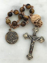 Load image into Gallery viewer, Memento Mori Pocket Rosary -  Tiger eye and Ox Bone Skull - Bronze - Tenner - Saint Michael - Single Decade Rosary CeCeAgnes