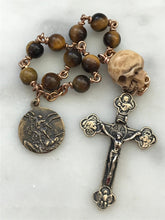 Load image into Gallery viewer, Memento Mori Rosary: Tiger Eye, Ox Bone Skull, Bronze Saint Michael