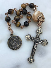 Load image into Gallery viewer, Memento Mori Pocket Rosary -  Tiger eye and Ox Bone Skull - Bronze - Tenner - Saint Michael - Single Decade Rosary CeCeAgnes