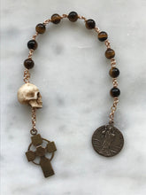 Load image into Gallery viewer, Memento Mori Rosary: Tiger Eye, Ox Bone Skull, Bronze Saint Patrick Medal