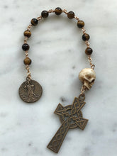 Load image into Gallery viewer, Tiger Eye Rosary: Ox Bone Skull, Bronze Saint Patrick Celtic Cross