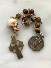 Load image into Gallery viewer, Memento Mori Rosary: Tiger Eye, Ox Bone Skull, Bronze Saint Patrick Medal