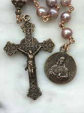 Load image into Gallery viewer, Handmade Bronze Single Decade Rosary: Freshwater Pearls, Sacred Heart