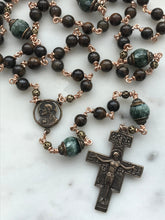 Load image into Gallery viewer, Bronze Franciscan Rosary - Saint Francis - Bronzite - Brown and Green Gemstones - San Damiano Crucifix CeCeAgnes