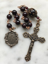 Load image into Gallery viewer, Divine Mercy Chaplet Pocket Rosary - Garnet Gemstones and Bronze - Lilies Crucifix - Single Decade Rosary CeCeAgnes