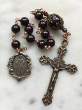 Load image into Gallery viewer, Garnet Gemstone Divine Mercy Chaplet Bronze Lilies Crucifix Rosary