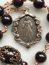 Load image into Gallery viewer, Divine Mercy Chaplet Pocket Rosary - Garnet Gemstones and Bronze - Lilies Crucifix - Single Decade Rosary CeCeAgnes