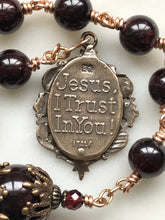 Load image into Gallery viewer, Divine Mercy Chaplet Pocket Rosary - Garnet Gemstones and Bronze - Lilies Crucifix - Single Decade Rosary CeCeAgnes