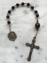 Load image into Gallery viewer, Divine Mercy Chaplet Pocket Rosary - Garnet Gemstones and Bronze - Lilies Crucifix - Single Decade Rosary CeCeAgnes