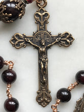 Load image into Gallery viewer, Divine Mercy Chaplet Pocket Rosary - Garnet Gemstones and Bronze - Lilies Crucifix - Single Decade Rosary CeCeAgnes