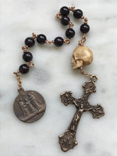 Load image into Gallery viewer, Memento Mori Rosary - Saint Thomas - Garnet and Ox Bone Skull - Bronze - Wire-wrapped Tenner - Passion Crucifix