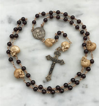 Load image into Gallery viewer, Memento Mori Rosary - Holy Face of Jesus - Garnets and Ox Bone Skulls - Bronze - Wire-wrapped - Pardon Crucifix CeCeAgnes
