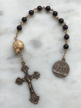 Load image into Gallery viewer, Memento Mori Rosary - Saint Thomas - Garnet and Ox Bone Skull - Bronze - Wire-wrapped Tenner - Passion Crucifix