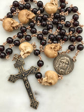 Load image into Gallery viewer, Memento Mori Rosary - Holy Face of Jesus - Garnets and Ox Bone Skulls - Bronze - Wire-wrapped - Pardon Crucifix CeCeAgnes
