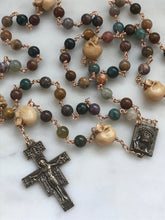 Load image into Gallery viewer, Memento Mori Rosary - San Damiano Crucifix - Jasper and Ox Bone Skulls - Bronze - Wire-wrapped - CeCeAgnes