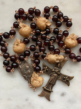 Load image into Gallery viewer, Saint Joan of Arc Rosary: Memento Mori, Garnet, Ox Bone Skulls Bronze