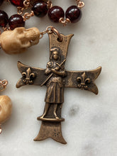 Load image into Gallery viewer, Saint Joan of Arc Rosary: Memento Mori, Garnet, Ox Bone Skulls Bronze