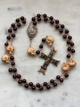 Load image into Gallery viewer, Saint Joan of Arc Rosary: Memento Mori, Garnet, Ox Bone Skulls Bronze