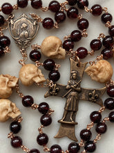 Load image into Gallery viewer, Saint Joan of Arc Rosary: Memento Mori, Garnet, Ox Bone Skulls Bronze